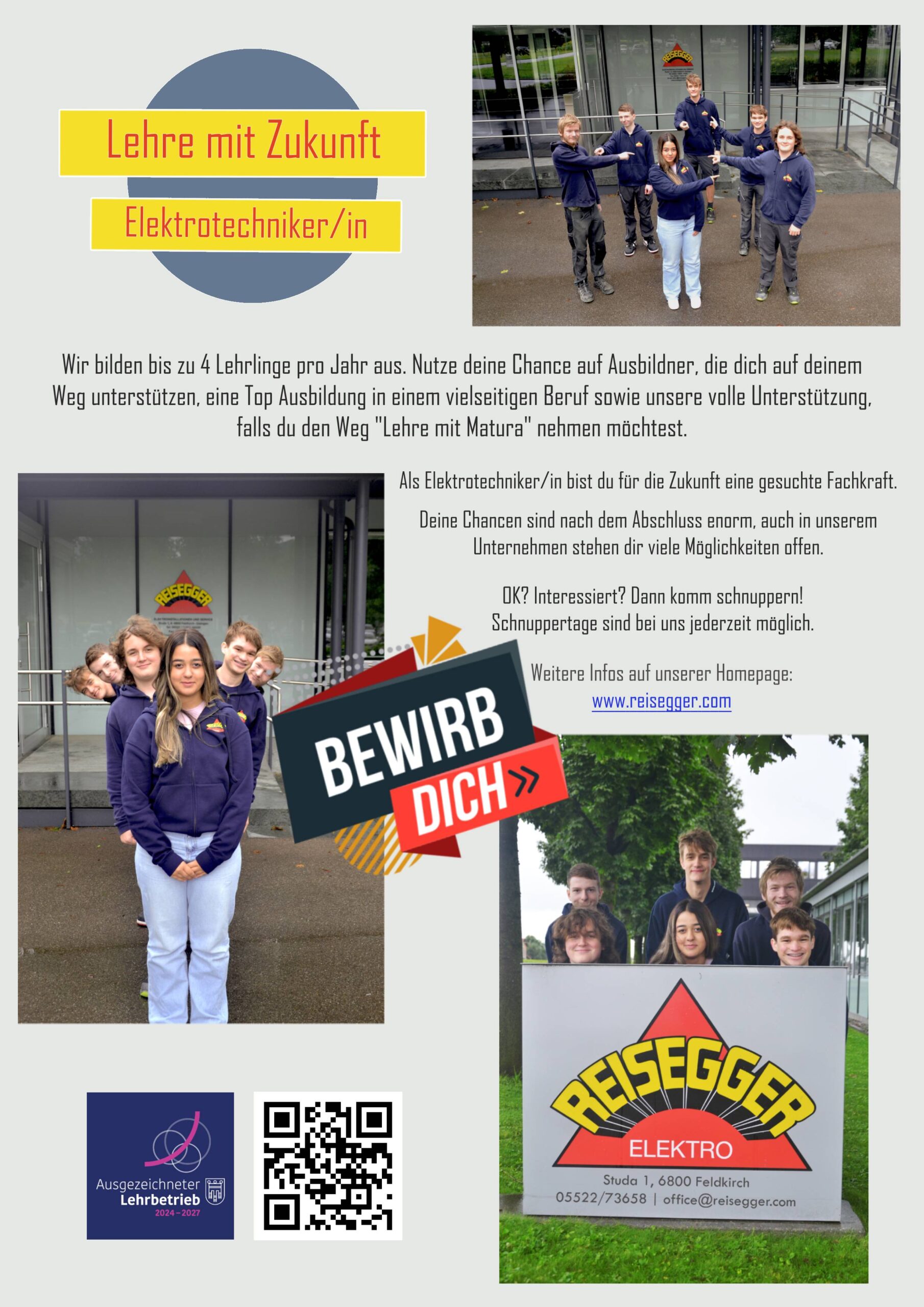 Flyer mit Informationen über eine Lehre mit Matura in unserem Betrieb; fünf unserer aktuellen Elektrikerlehrlinge und unser erster Bürolehrling sind auf drei dynamischen Gruppenbildern auf unserem Firmengelände zu sehen, alle tragen blaue Firmenjacken